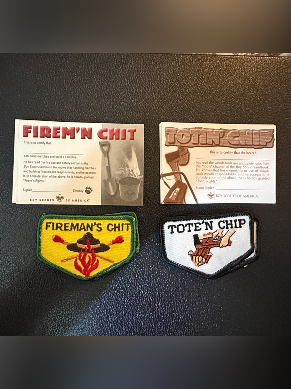 Boy Scouts Fireman's Chit & Totem Chip Patch Set - Yellow, Green, White